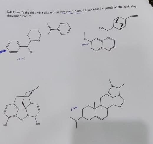 Q2 Classify The Following Alkaloids To True Proto Pseudo Alkaloid And Depends On The Basic Ring Structure Present Ho 1