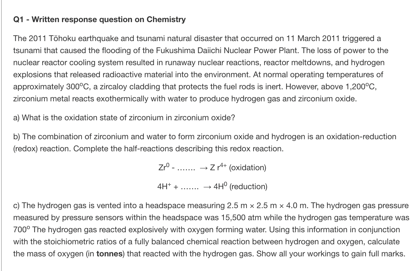 Q1 Written Response Question On Chemistry The 2011 Tohoku Earthquake And Tsunami Natural Disaster That Occurred On 11 1