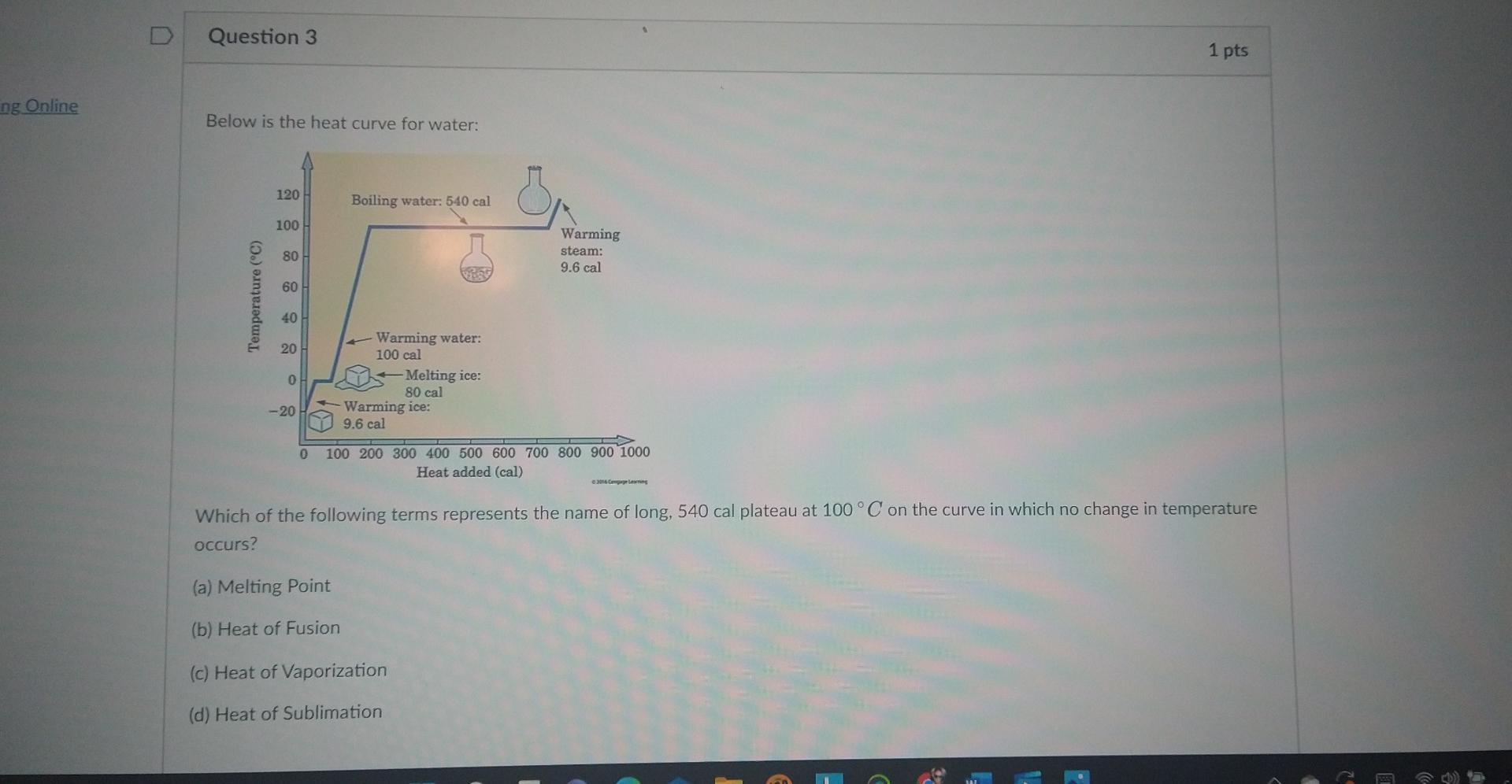 Ng Online Question 3 1 Pts Below Is The Heat Curve For Water 120 Boiling Water 540 Cal 100 Warming Steam 80 9 6 Cal 6 1