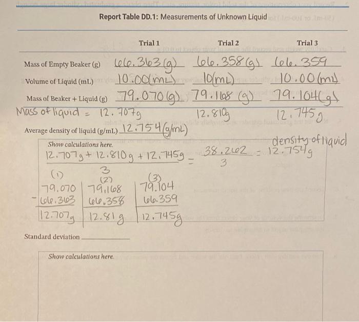 Density Of Unknown Liquid Part 1 Are My Calculations Correct And 2