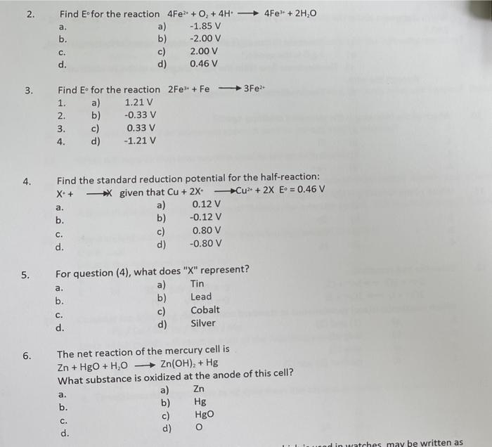 Find E For The Reaction 4fe O 4h4fe 2h O A A 1 85 V B B 2 00 V C C 2 00 V D D 0 46 V Find E For The 1