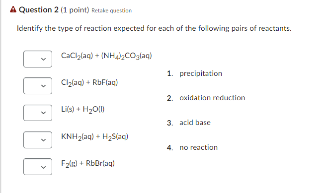A Question 2 1 Point Retake Question Identify The Type Of Reaction Expected For Each Of The Following Pairs Of Reactan 1