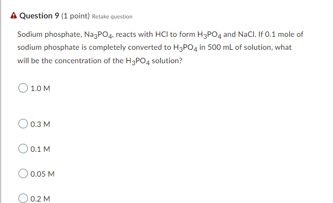 A Question 9 1 Point Retake Question Sodium Phosphate Na3po4 Reacts With Hci To Form H3po4 And Nacl If 0 1 Mole Of 1