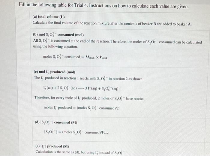 Fill In The Following Table For Trial 4 Instructions On How To Calculate Each Value Are Given A Total Volume L Cal 1