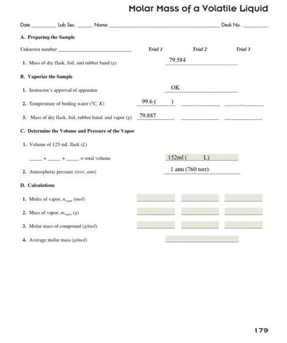 Molar Mass Of A Volatile Liquid Date Lab Sec Name Desk No Trial 1 Trial 2 Trial 3 79 584 Ok 99 60 2 A Preparing The Sam 1
