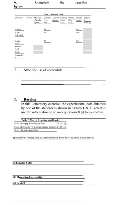 6 Complete The Reaction Below Table 1 Reaction Table Chemical Formula Molecala Quamity Amunt Melting Boling Deity Exp 1
