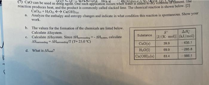 7 Cao Can Be Used As Dring Agent One Such Application Occurs When Water Is Added To Dry Conferete Of Cement The Reac 1