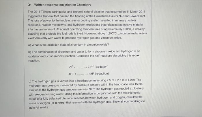 Q1 Written Response Question On Chemistry The 2011 Tohoku Earthquake And Tsunami Natural Disaster That Occurred On 11 Ma 1