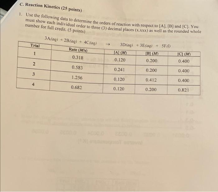 C Reaction Kinetics 25 Points 1 Use The Following Data To Determine The Orders Of Reaction With Respect To A B 1