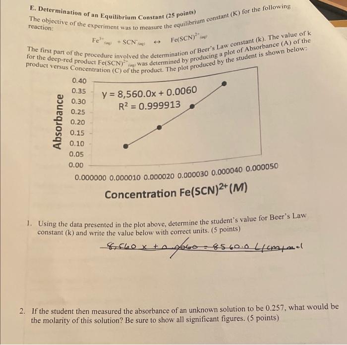 E Determination Of An Equilibrium Constant 25 Points The Objective Of The Experiment Was To Measure The Equilibrium C 1