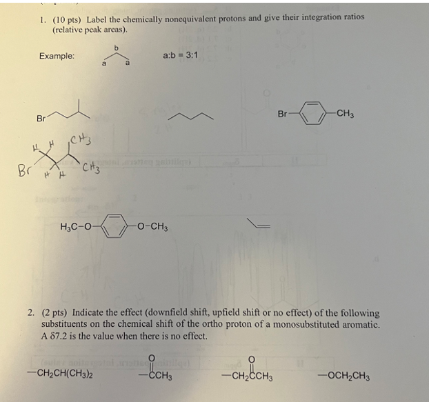 1 10 Pts Label The Chemically Nonequivalent Protons And Give Their Integration Ratios Relative Peak Areas Example 1