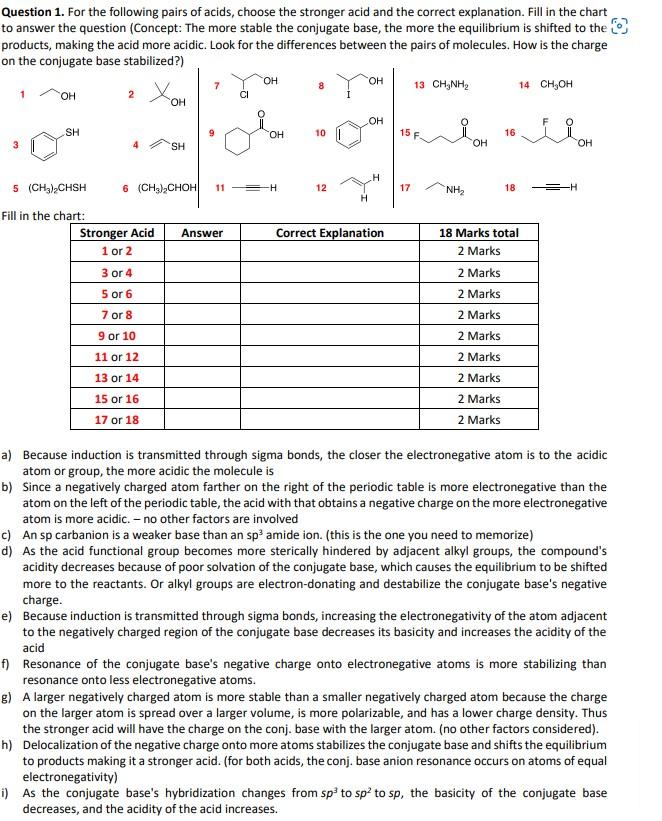 Question 1 For The Following Pairs Of Acids Choose The Stronger Acid And The Correct Explanation Fill In The Chart To 1