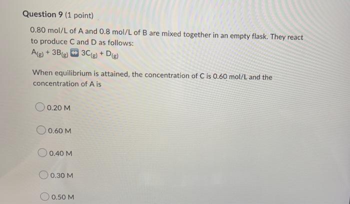 Question 9 1 Point 0 80 Mol L Of A And 0 8 Mol L Of B Are Mixed Together In An Empty Flask They React To Produce C An 1