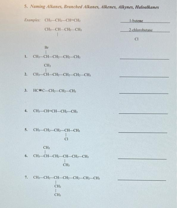 5 Naming Alkanes Branched Alkanes Alkenes Alkynes Haloalkanes Examples Ch3 Ch2 Ch Ch 1 Butene Ch Ch Ch Ch 2 Chl 1