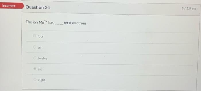 Incorrect Question 34 The Ion Mg2 Has Four Ten Twelve Six Eight Total Electrons 0 2 5 Pts Rrect Question 35 Ap Sublev 1