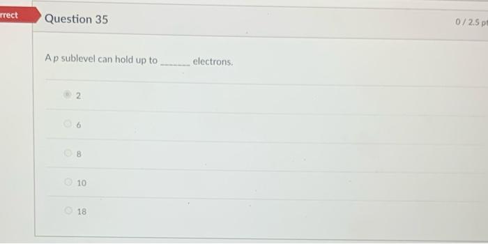 Incorrect Question 34 The Ion Mg2 Has Four Ten Twelve Six Eight Total Electrons 0 2 5 Pts Rrect Question 35 Ap Sublev 2