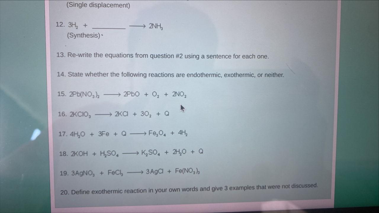 Single Displacement 2nh3 Synthesis 13 Re Write The Equations From Question 2 Using A Sentence For Each One 14 St 1
