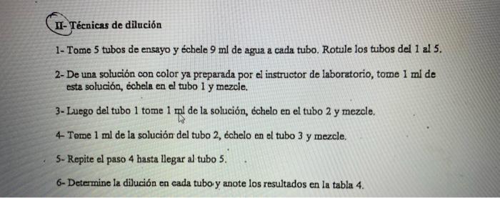 Ii Tecnicas De Dilucion 1 Tome 5 Tubos De Ensayo Y Echele 9 Ml De Agua A Cada Tubo Rotule Los Tubos Del 1 Al 5 2 De 1