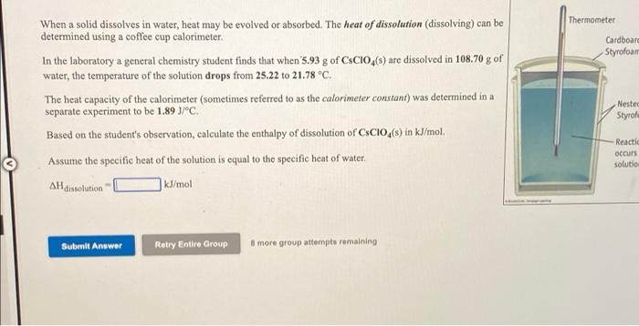 Thermometer Cardboard Styrofoan When A Solid Dissolves In Water Heat May Be Evolved Or Absorbed The Heat Of Dissolutio 1