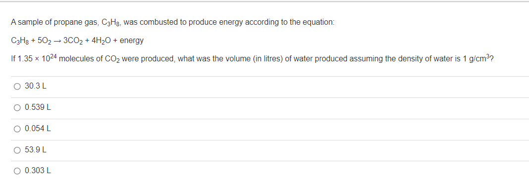 A Sample Of Propane Gas C3h8 Was Combusted To Produce Energy According To The Equation C3h8 502 3co 4h O Ener 1