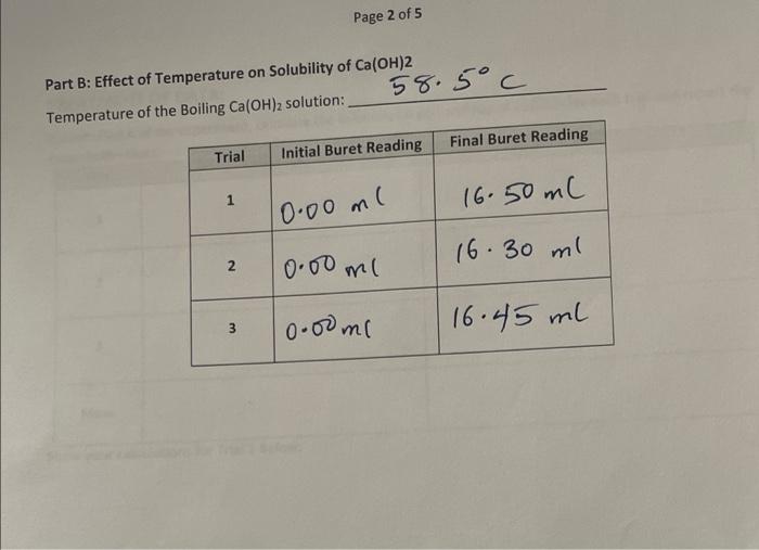 Data Write Data In Pen Only Hc 0 0 2016 M Part A Solubility Of Ca Oh 2 Temperature 21 0 C Trial 1 2 3 Initial Bu 2