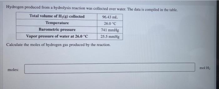 Hydrogen Produced From A Hydrolysis Reaction Was Collected Over Water The Data Is Compiled In The Table Total Volume O 1