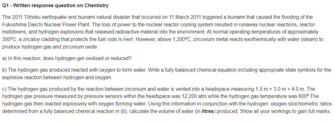 Q1 Written Response Question On Chemistry The 2011 Tohoku Earthquake And Tsunami Natural Disaster That Occurred On 11 1
