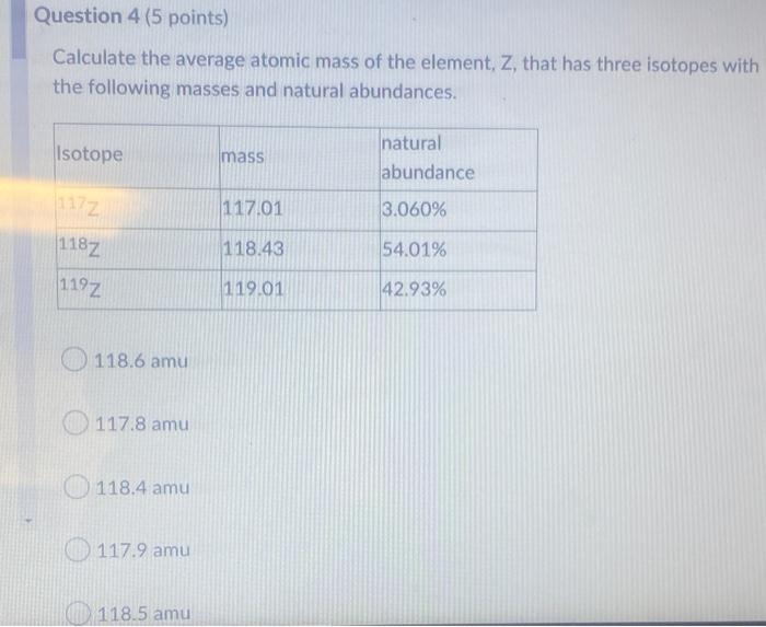 Question 4 5 Points Calculate The Average Atomic Mass Of The Element Z That Has Three Isotopes With The Following Ma 1