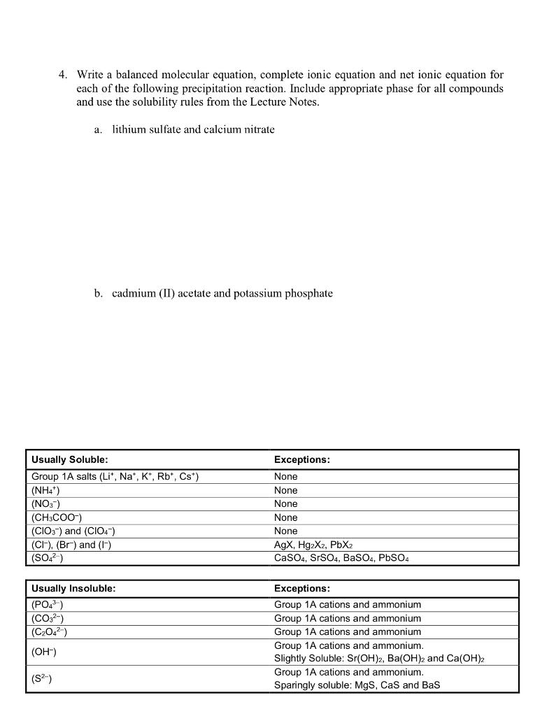 4 Write A Balanced Molecular Equation Complete Ionic Equation And Net Ionic Equation For Each Of The Following Precipi 1