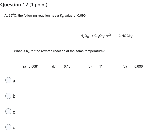 Question 17 1 Point At 25 C The Following Reaction Has A K Value Of 0 090 H O G Cl O G What Is K For The Reverse 1