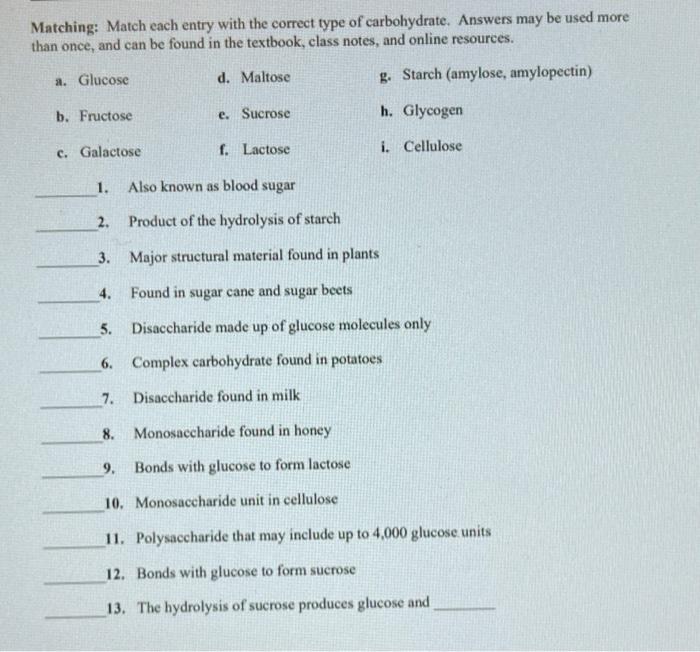 Matching Match Each Entry With The Correct Type Of Carbohydrate Answers May Be Used More Than Once And Can Be Found I 1