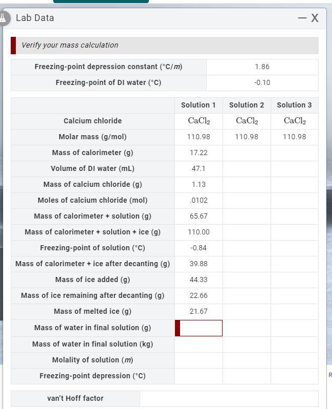 Lab Data Verify Your Mass Calculation Freezing Point Depression Constant C M Freezing Point Of Di Water C Calcium 1