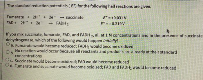 The Standard Reduction Potentials E For The Following Half Reactions Are Given E 0 031 V Fumarate 2h 2e 1