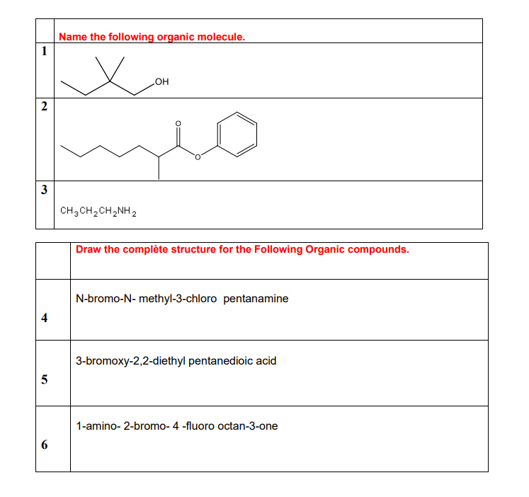 Name The Following Organic Molecule 1 Oh 2 3 5 6 Ch3ch Ch Nh2 Draw The Complete Structure For The Following Organic Com 1
