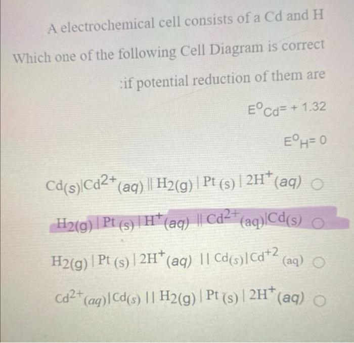 A Electrochemical Cell Consists Of A Cd And H Which One Of The Following Cell Diagram Is Correct If Potential Reduction 1