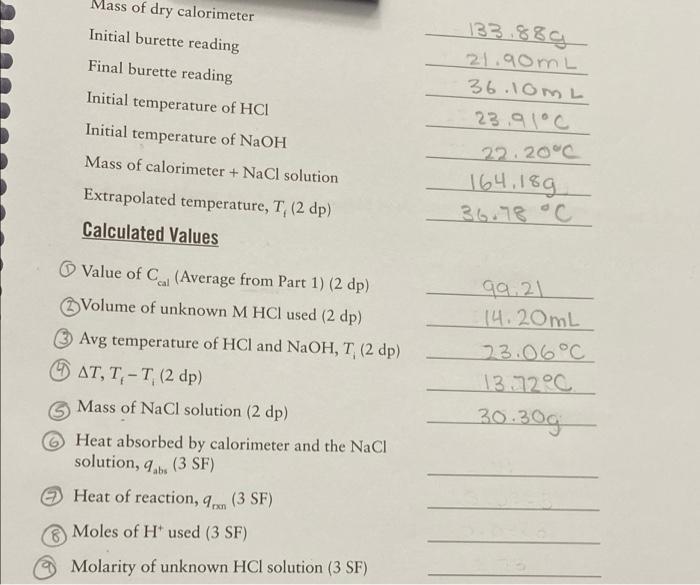 Experimental Data Mass Of Dry Calorimeter Molarity Of Standard Hci Initial Burette Reading Final Burette Reading Initial 3