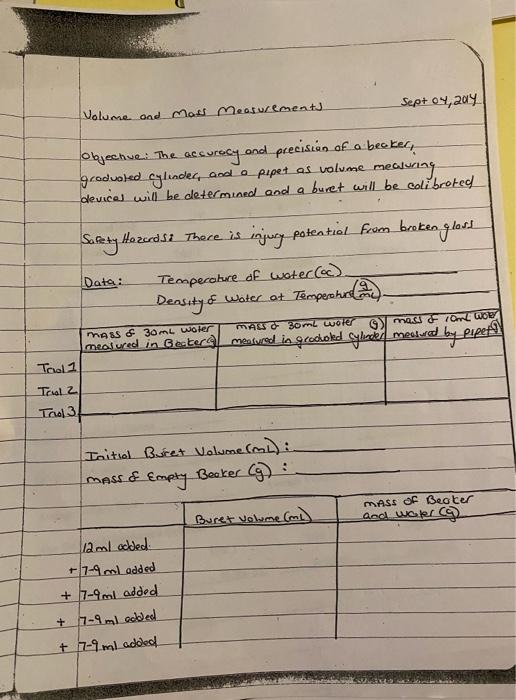Volume And Mass Measurements Partner S Name Data For Volume Determination C Density Of H O At T Trial 11 Trial 2 30 000 4
