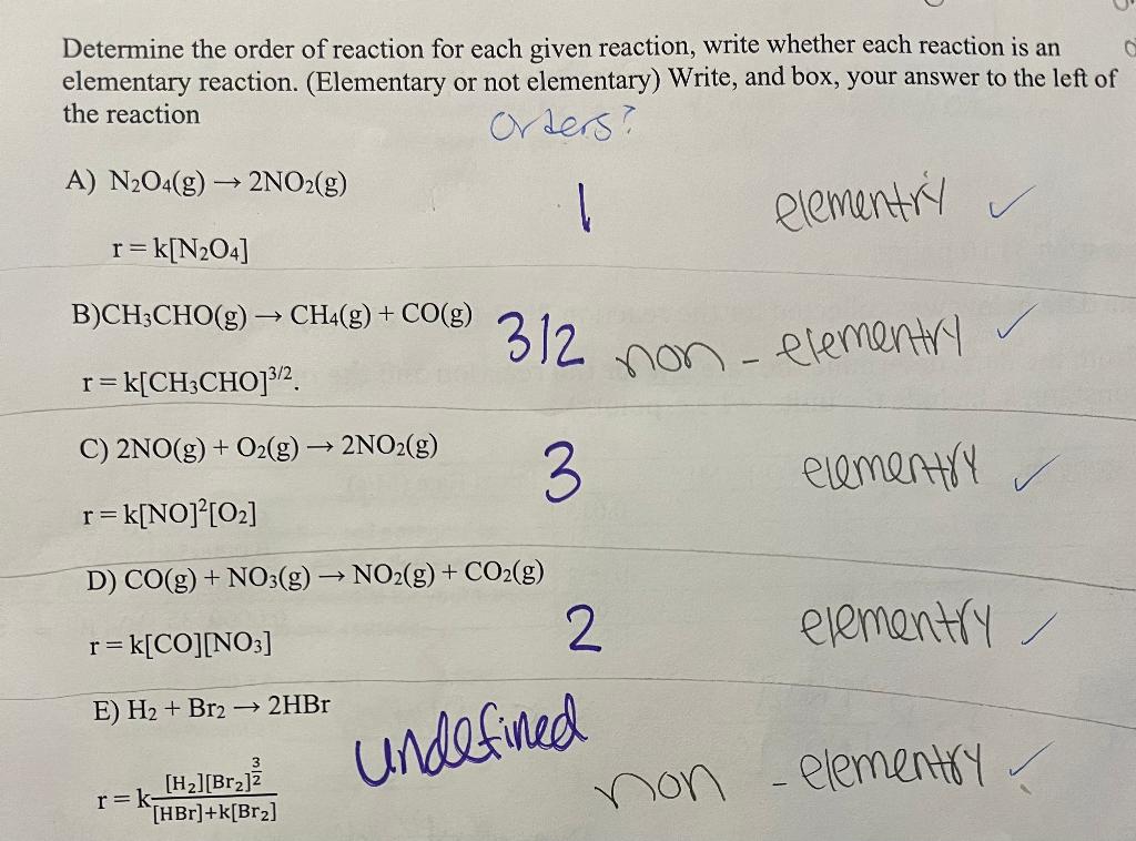 Determine The Order Of Reaction For Each Given Reaction Write Whether Each Reaction Is An Elementary Reaction Element 1