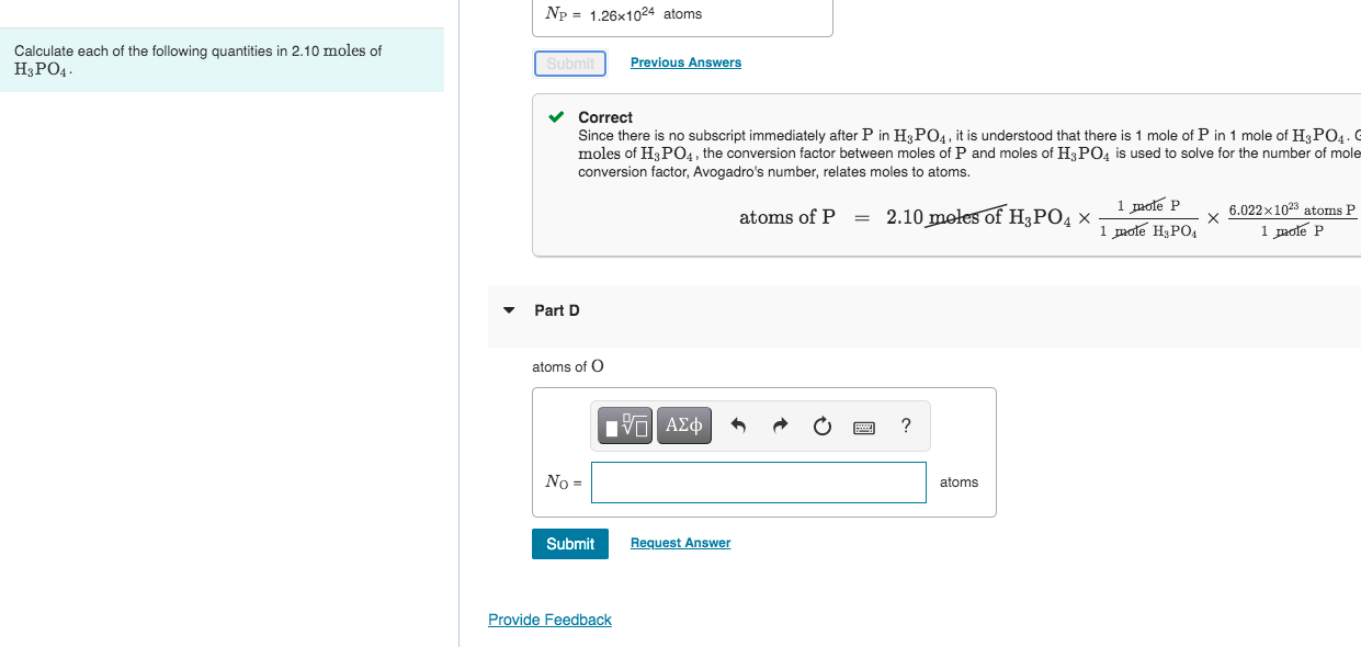 Calculate Each Of The Following Quantities In 2 10 Moles Of H3po4 Np 1 26x1024 Atoms Submit Previous Answers Correct Si 1