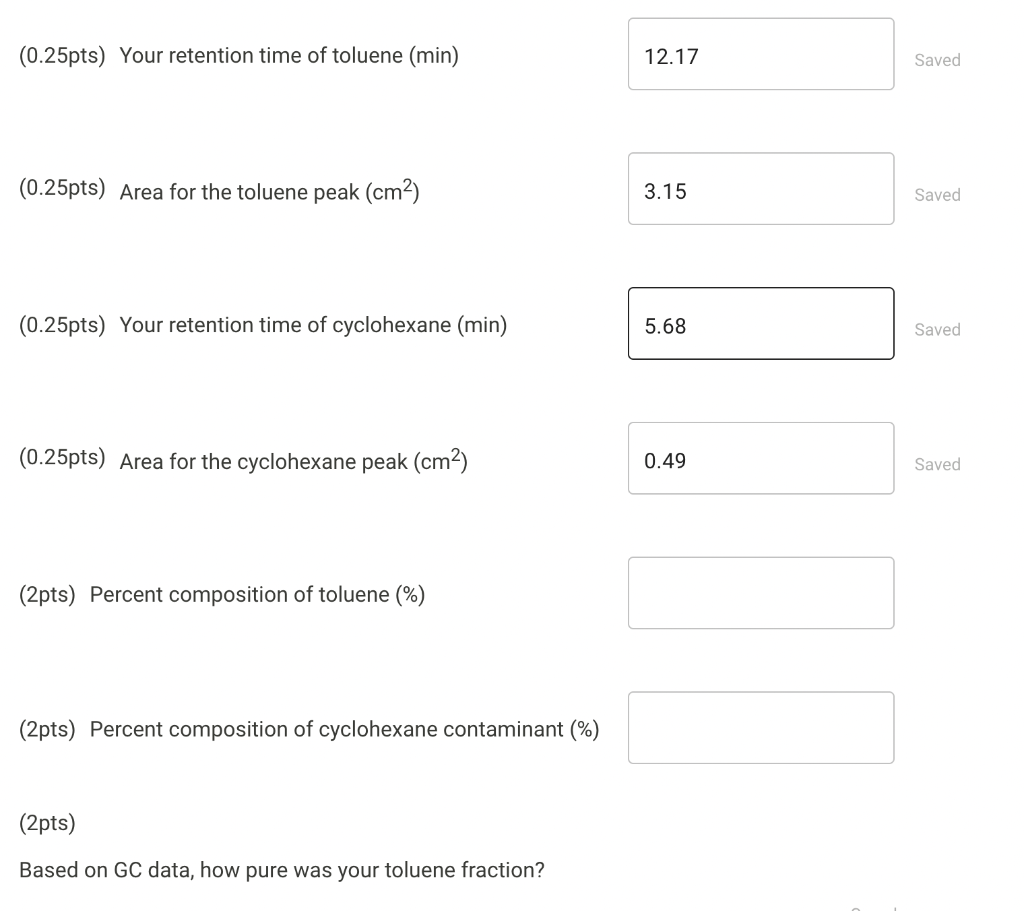0 25pts Your Retention Time Of Toluene Min 0 25pts Area For The Toluene Peak Cm 0 25pts Your Retention Time O 1