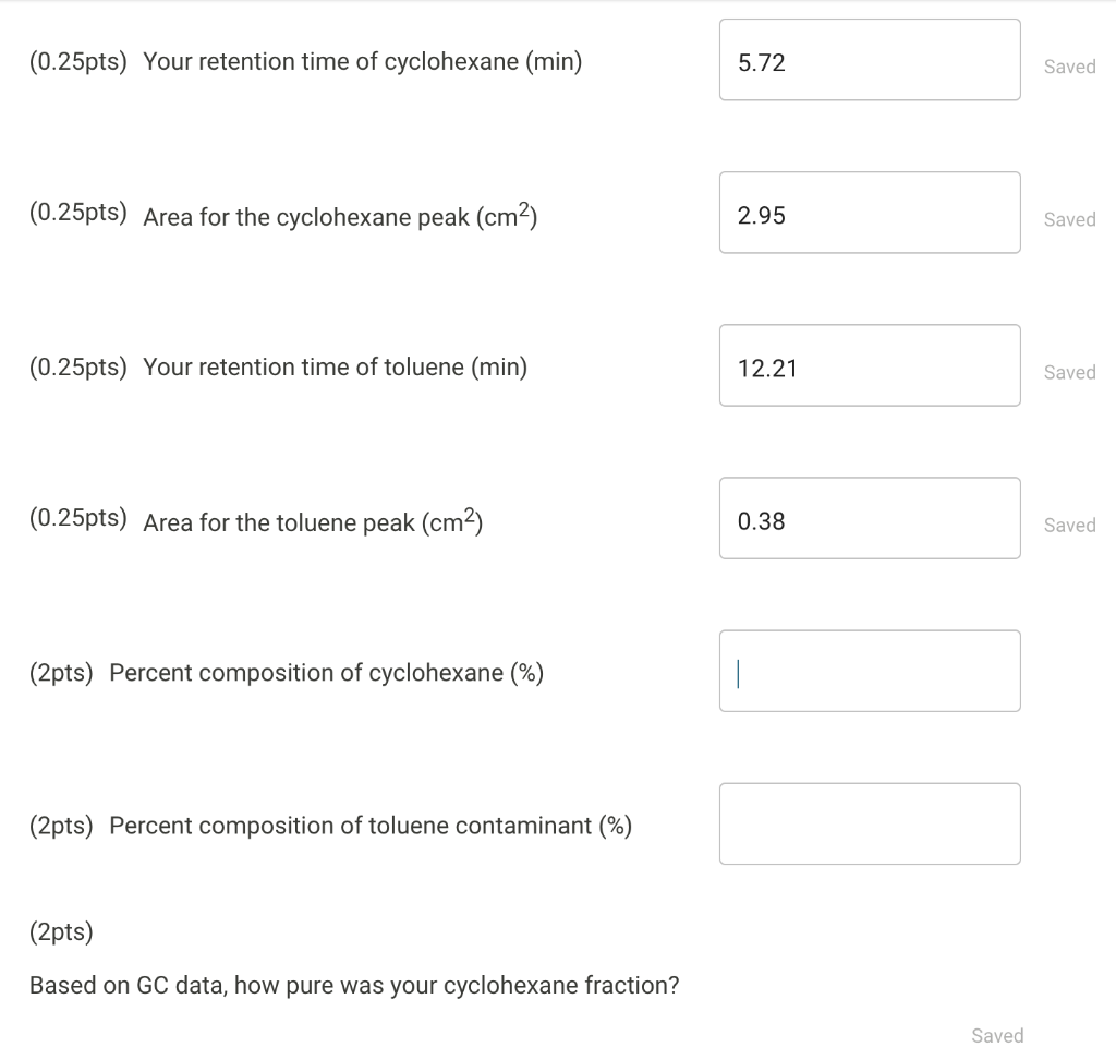 0 25pts Your Retention Time Of Cyclohexane Min 0 25pts Area For The Cyclohexane Peak Cm 0 25pts Your Retentio 1