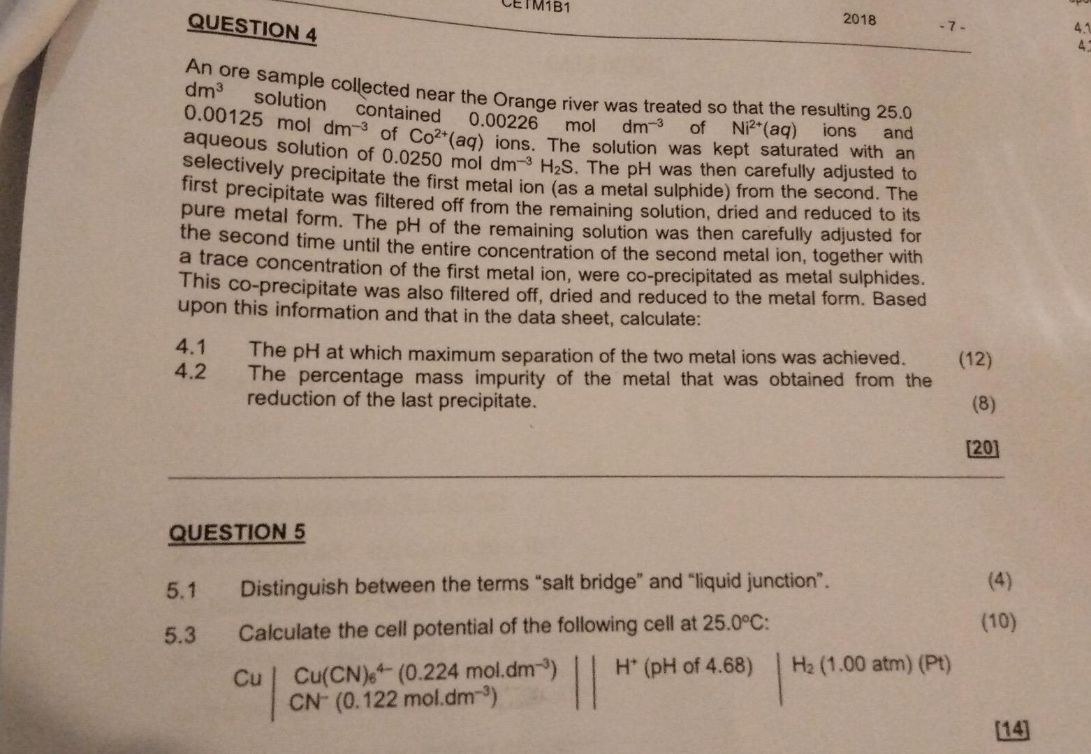 M1b1 2018 7 Question 4 An Ore Sample Collected Near The Orange River Was Treated So That The Resulting 25 0 Dm Soluti 1