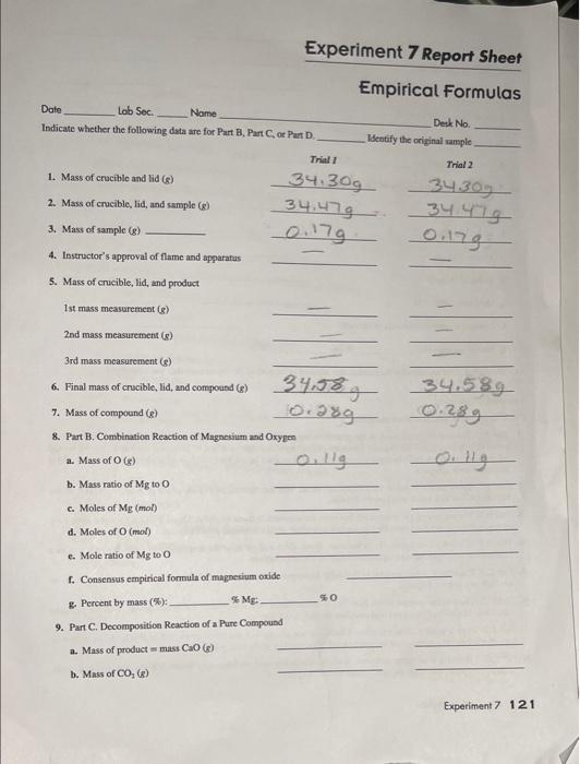 Experiment 7 Report Sheet Empirical Formulas Desk No Identify The Original Sample Trial 2 34 30g 34 479 0 179 Date Lob 1
