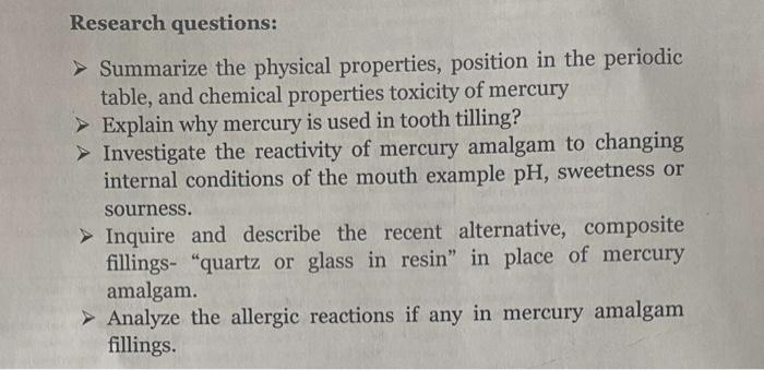 Research Questions Summarize The Physical Properties Position In The Periodic Table And Chemical Properties Toxicit 1