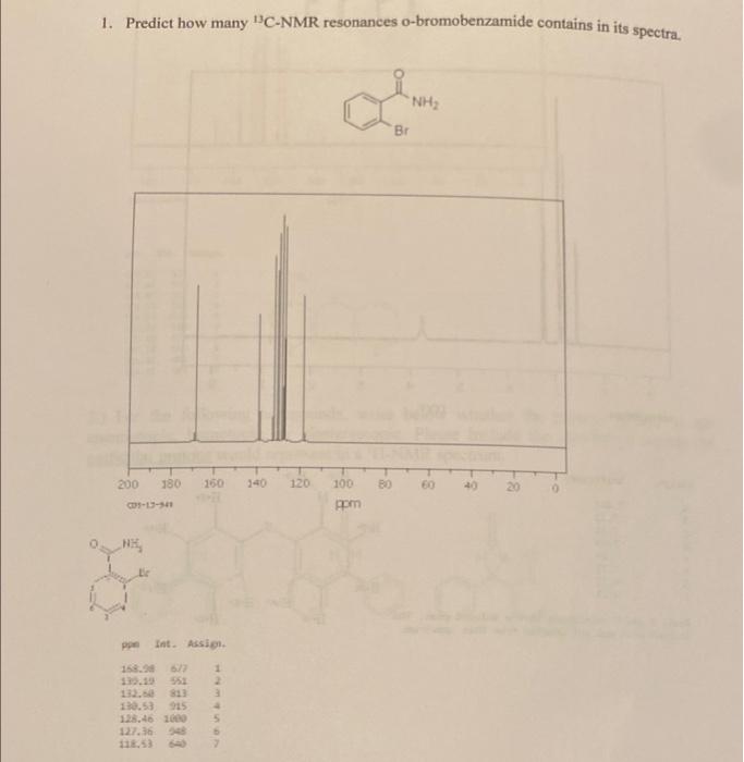 1 Predict How Many C Nmr Resonances O Bromobenzamide Contains In Its Spectra Nh 200 180 160 Nh Ppm Int Assign 168 1