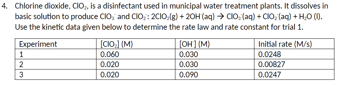 4 Chlorine Dioxide Cio2 Is A Disinfectant Used In Municipal Water Treatment Plants It Dissolves In Basic Solution To 1