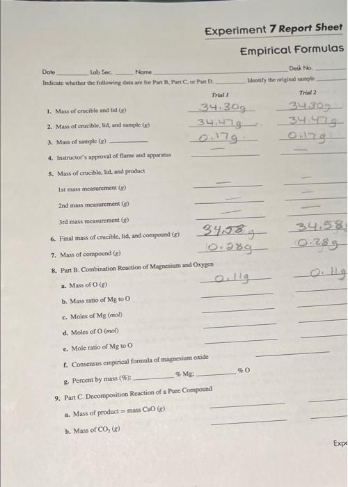 Experiment 7 Report Sheet Empirical Formulas Desk No Identify The Original Sample Trial 2 34 307 34 4505 Date Lob Sec 1