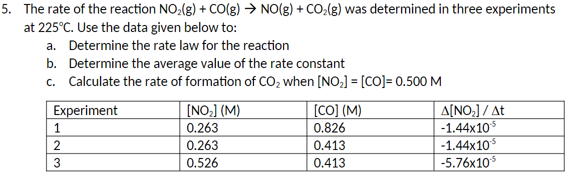 5 The Rate Of The Reaction No G Co G No G Co G Was Determined In Three Experiments At 225 C Use The Data G 1