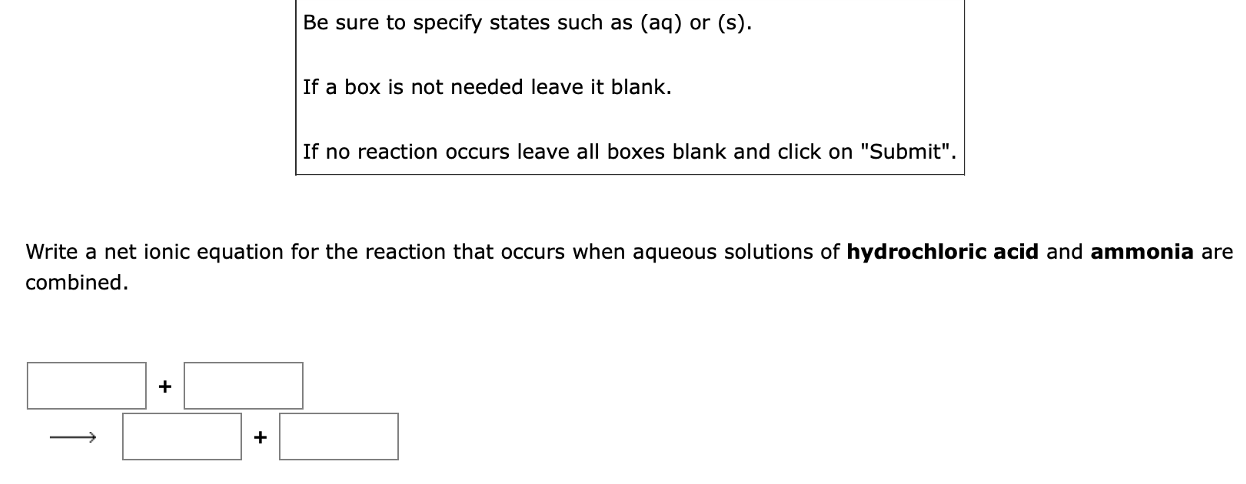 Be Sure To Specify States Such As Aq Or S If A Box Is Not Needed Leave It Blank If No Reaction Occurs Leave All Bo 1