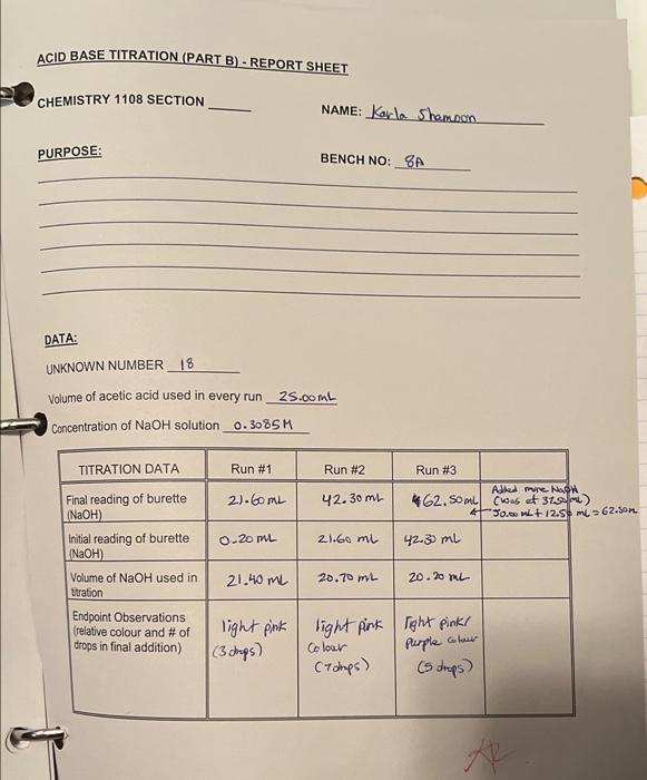 Acid Base Titration Part B Report Sheet Chemistry 1108 Section Purpose 0 20ml Data Unknown Number 18 Volume Of Aceti 1